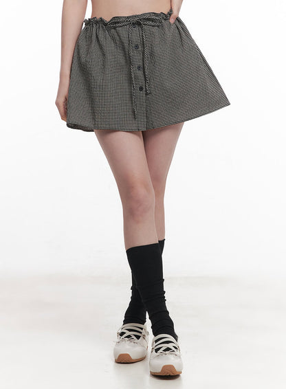 Checkered Ribbon Button Mini Skirt IY513