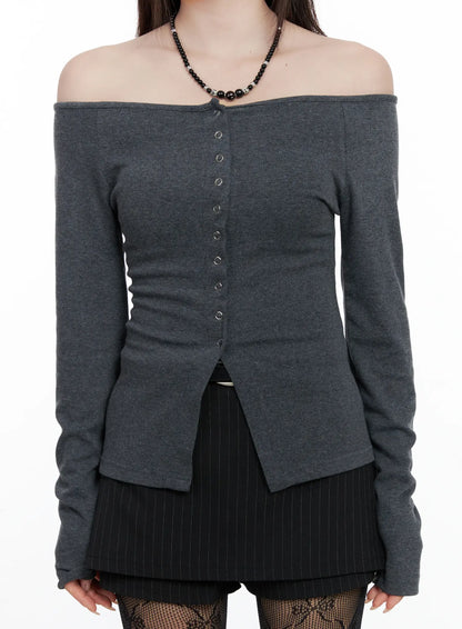 Buttoned Off-Shoulder Long Sleeve Cardigan CO520