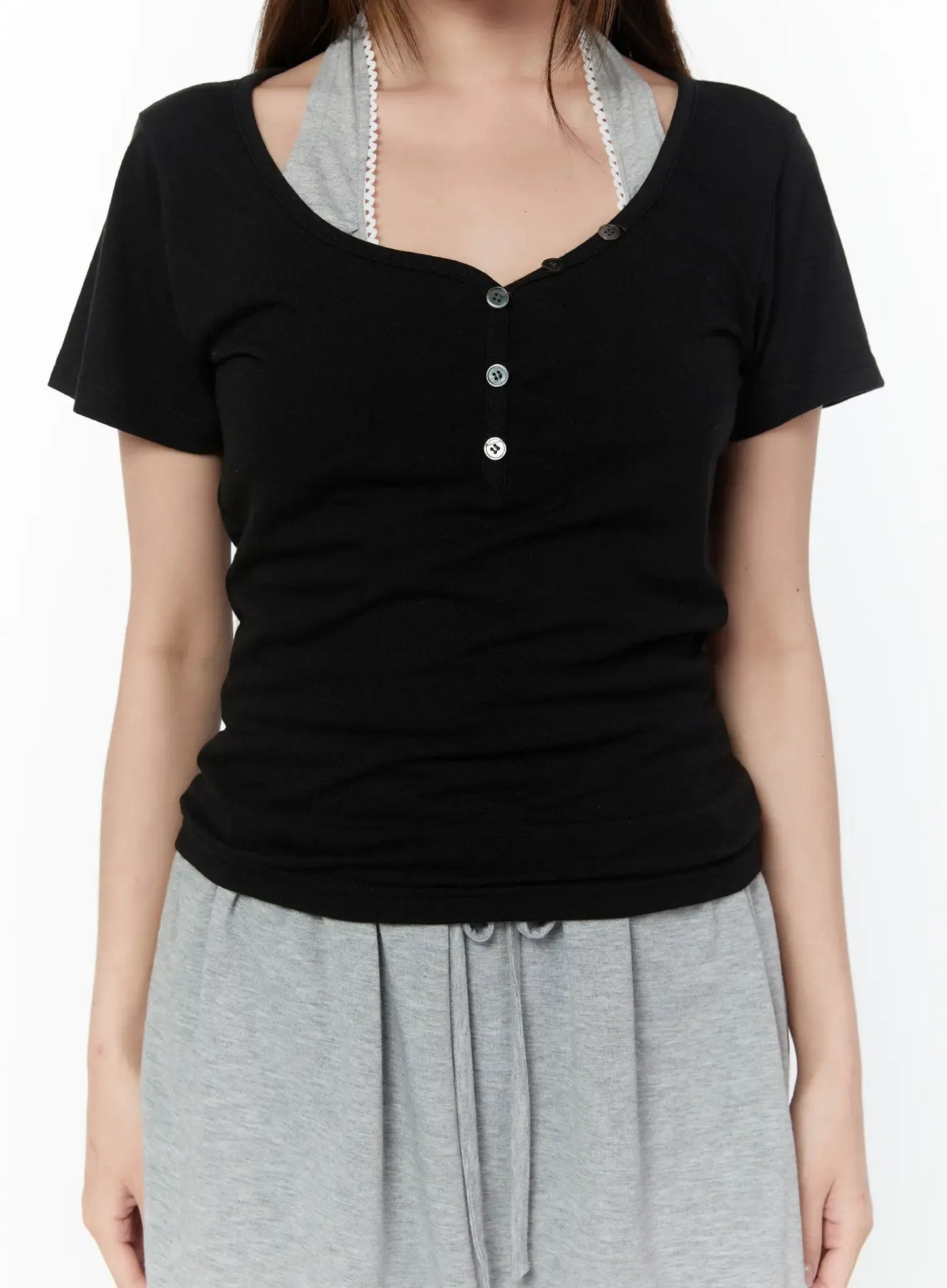 Basic Heart Neck Button Top CY519