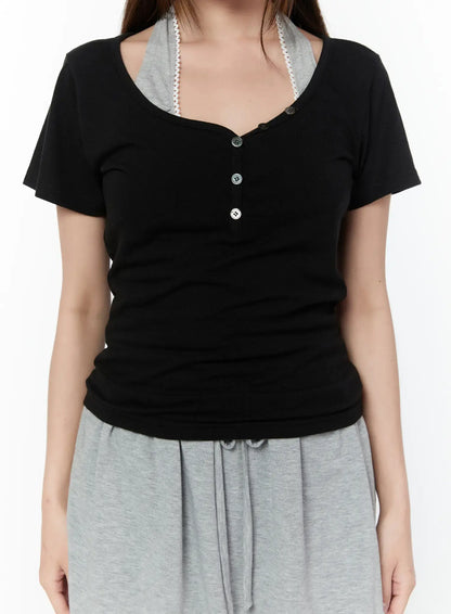 Basic Heart Neck Button Top CY519