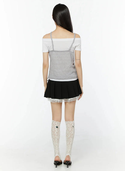 Chic Pleated Ribbon Lace Trim Mini Skirt IU518