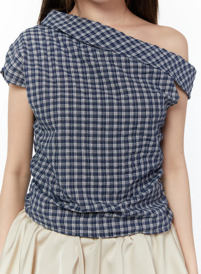 Asymmetric Ruched Plaid Blouse CY519