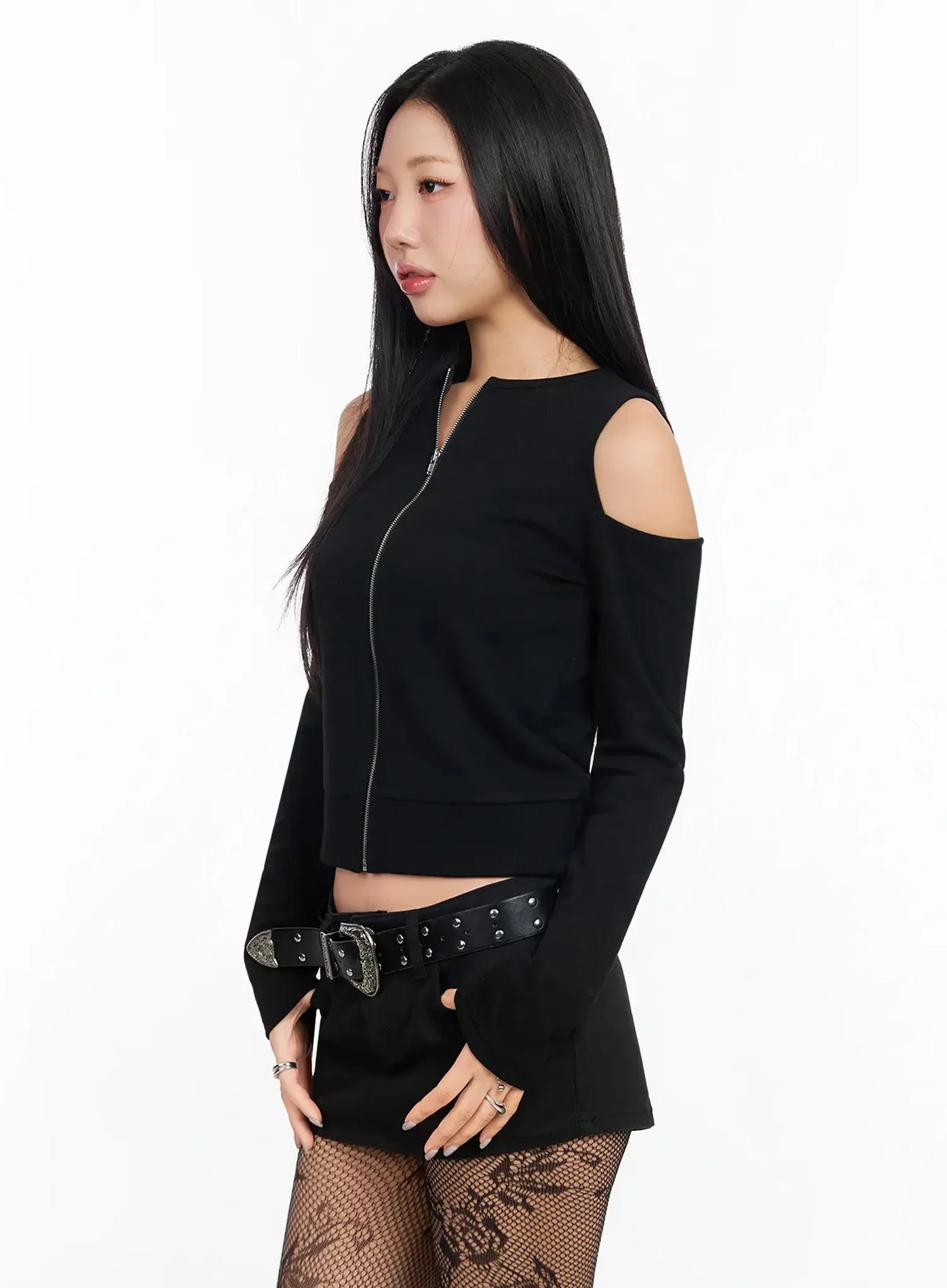 Chic Shoulder Cut-Out Zip-Up Top IA507