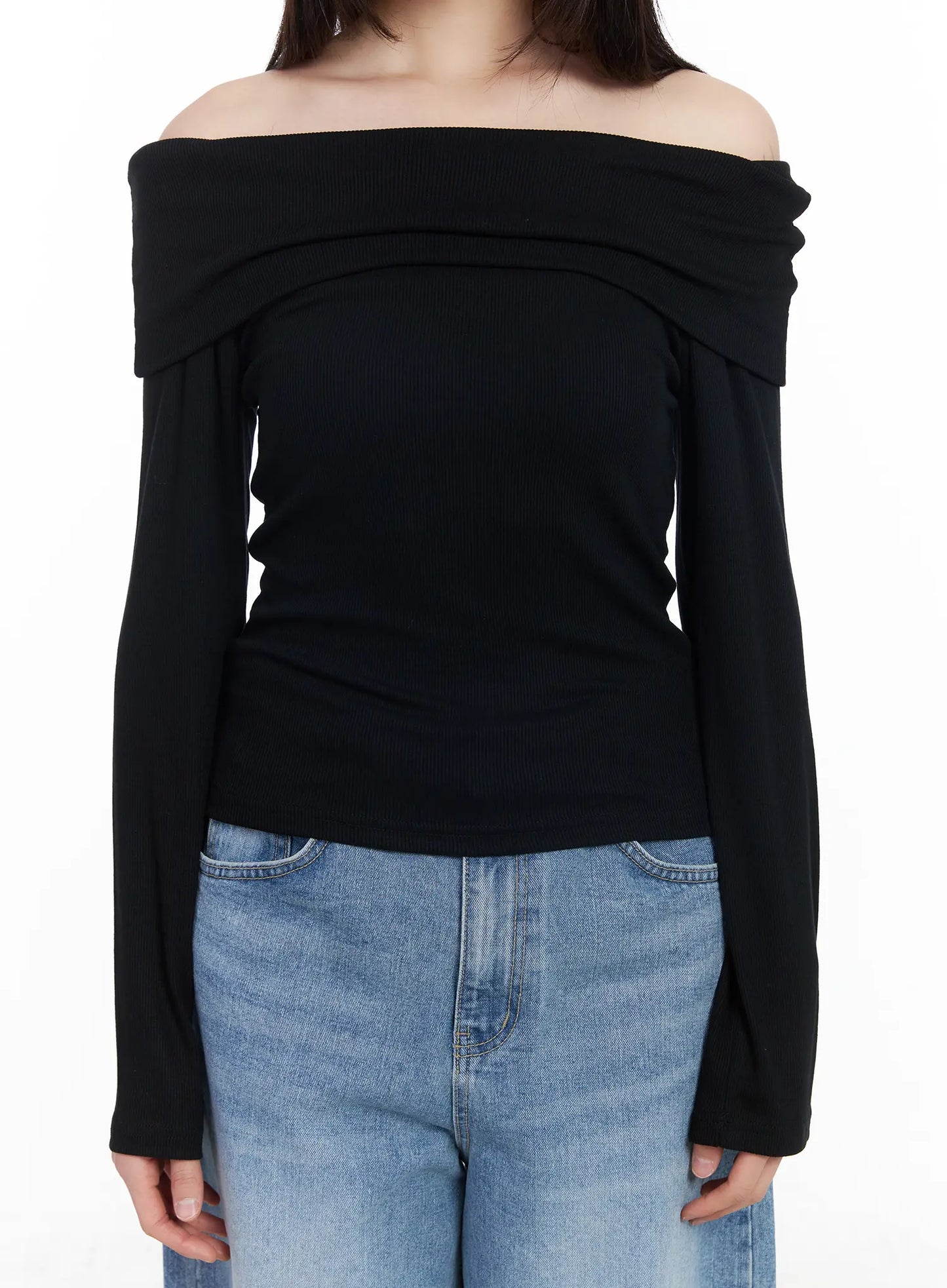 Basic Off-Shoulder Ribbed Long Sleeve Top CM512
