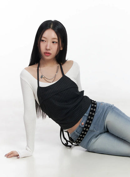 Basic V-Neck Ribbed Long Sleeve Top CF503