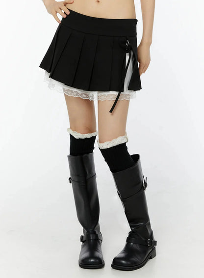 Chic Pleated Ribbon Lace Trim Mini Skirt IU518