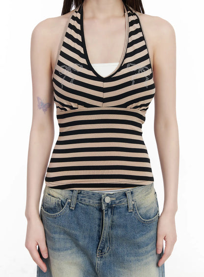 Bow Embellished Stripe Padded Halter Top CM524