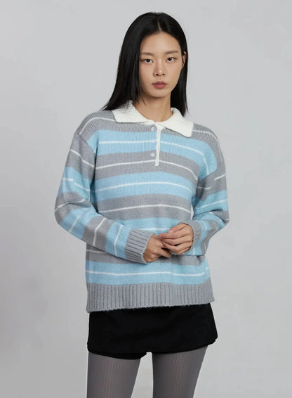 Buttoned Collar Striped Knit Sweater IM520
