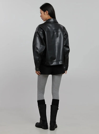 Basic Cropped Faux Leather Jacket IN507