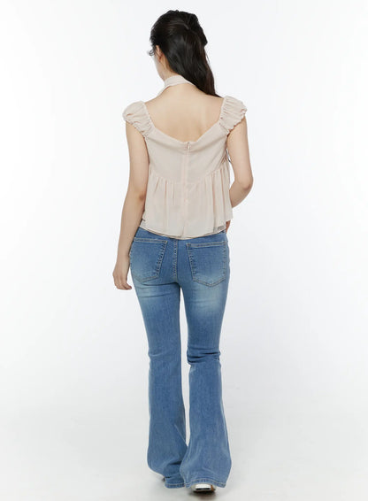 Chiffon Layered Blouse And Skinny Scarf Set IY511