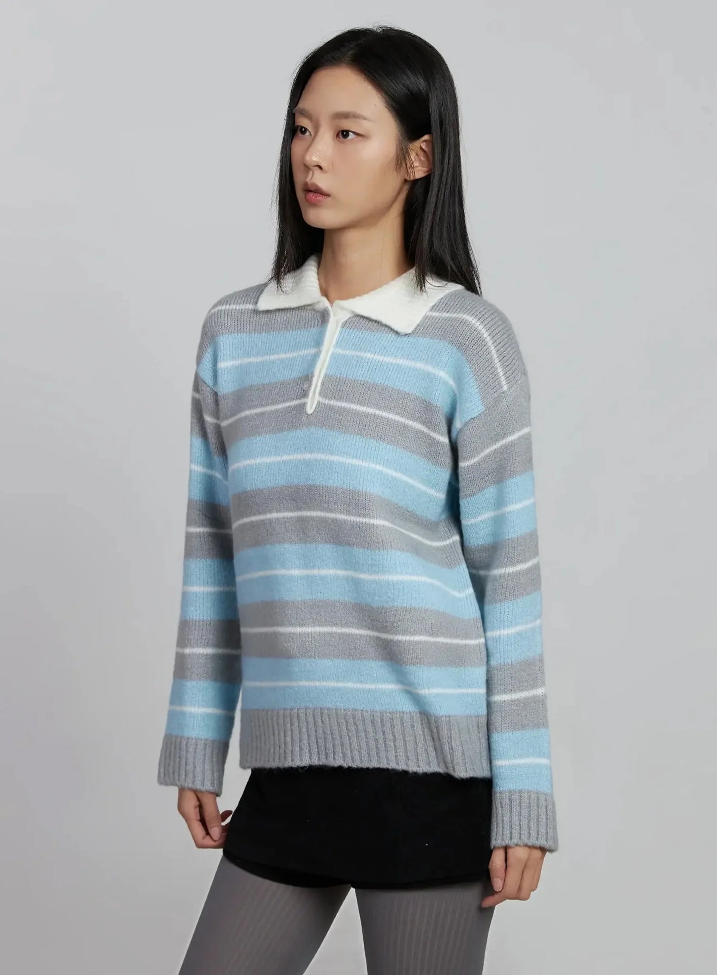 Buttoned Collar Striped Knit Sweater IM520