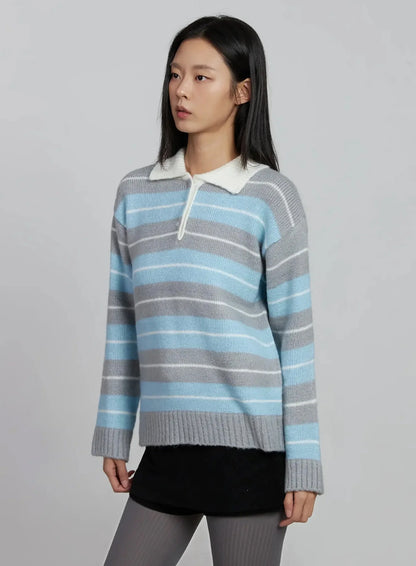 Buttoned Collar Striped Knit Sweater IM520