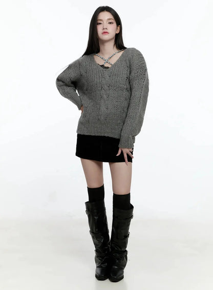 Chunky Cable Knit V-Neck Sweater IO527