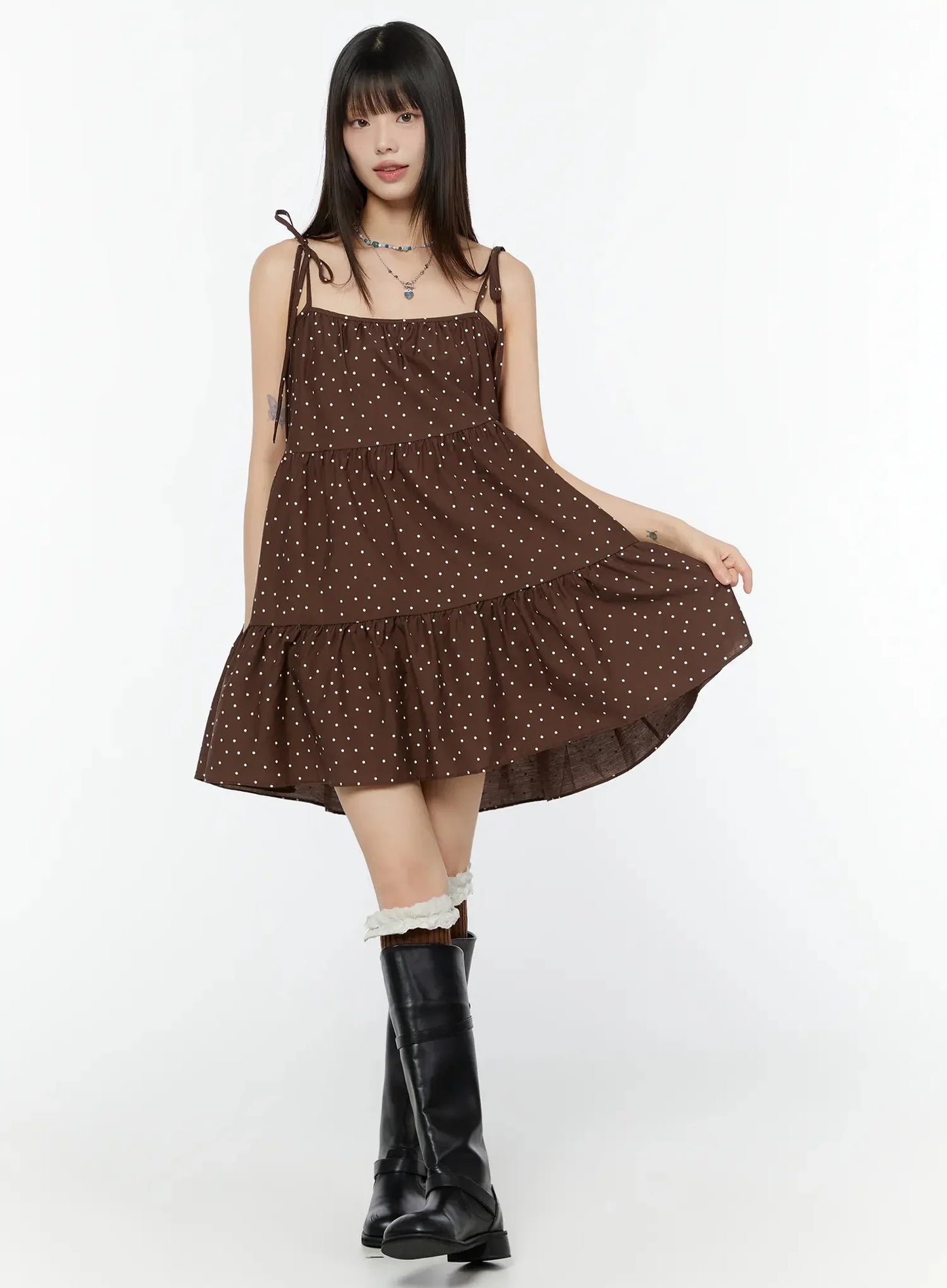 Brown Polka Dot Tiered Dress IU518