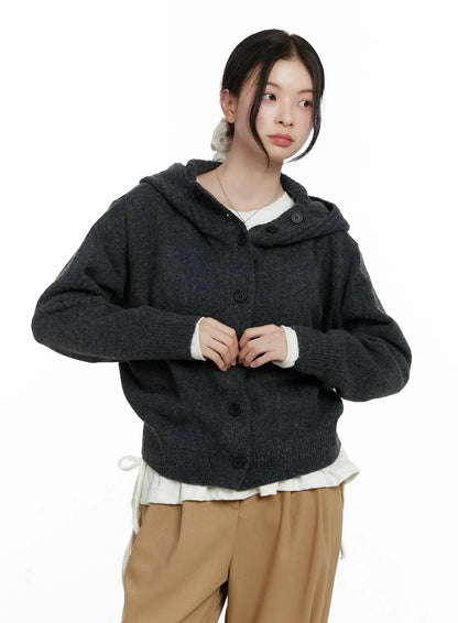 Button Hooded Knit Cardigan F502