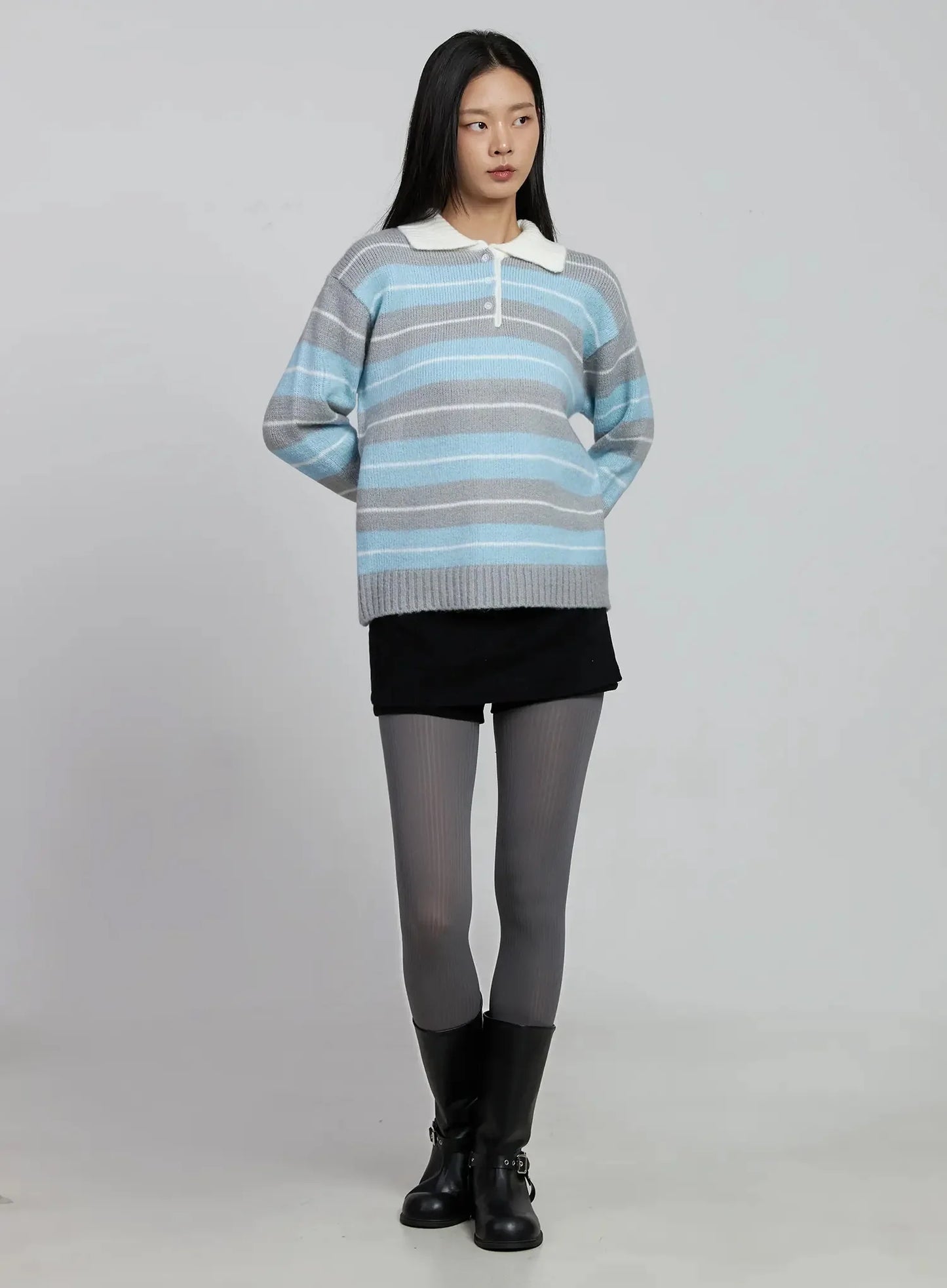 Buttoned Collar Striped Knit Sweater IM520