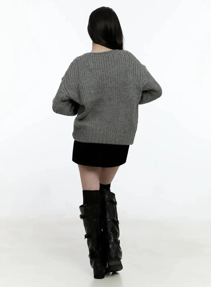 Chunky Cable Knit V-Neck Sweater IO527