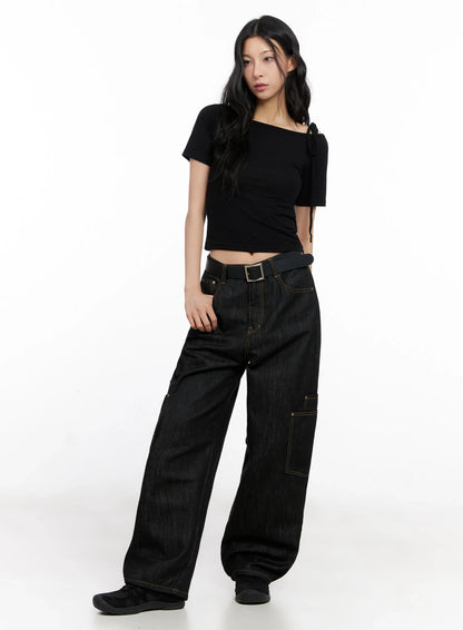 Asymmetric Shoulder-Tie T-Shirt IG508