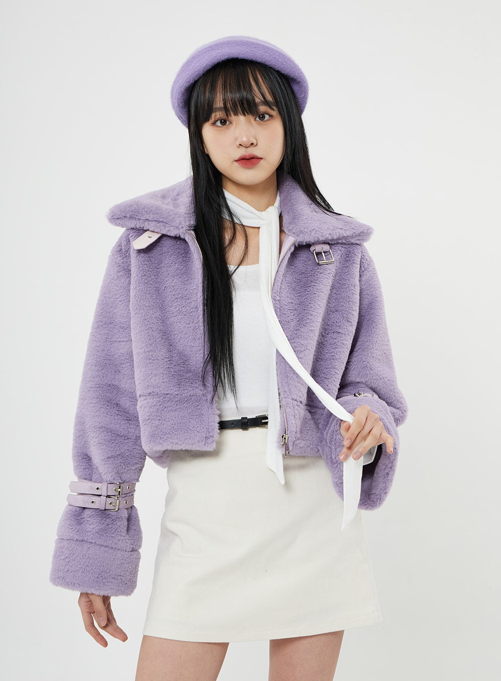 Buckle Soft Fur Crop Shearling Jacket BN04