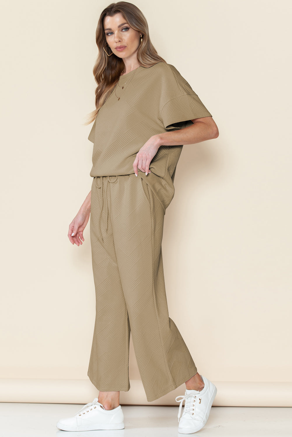 Bright White Textured Loose Fit T Shirt and Drawstring Pants Set