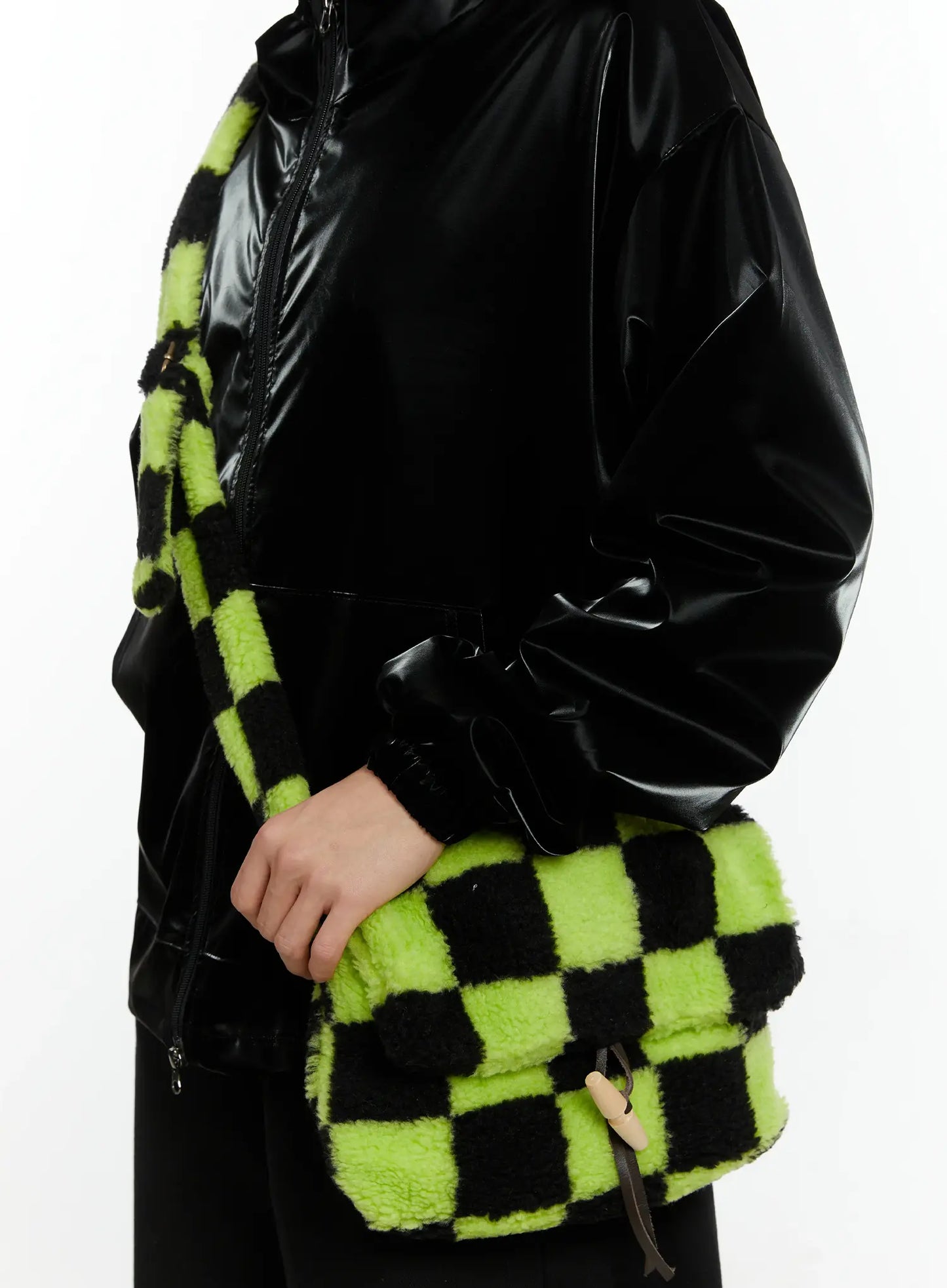 Checker Faux Faur Crossbody Bag IF511