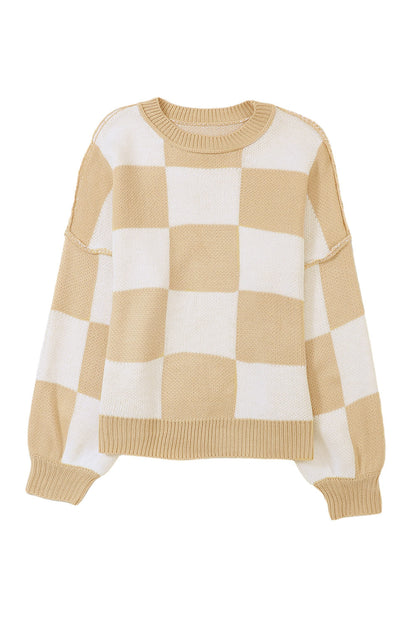 Orange & White Plaid Exposed Seam Bishop Sleeve Sweater