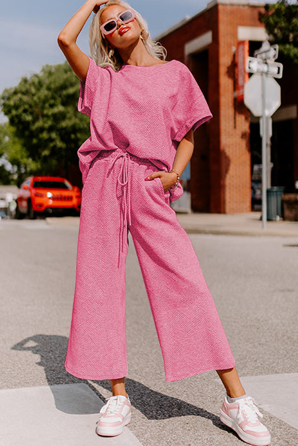Bright White Textured Loose Fit T Shirt and Drawstring Pants Set