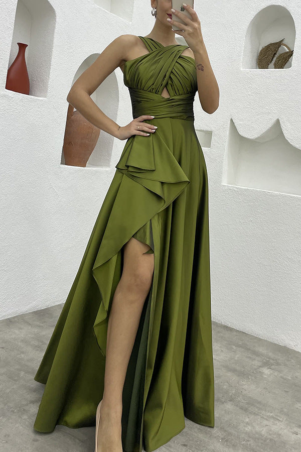 Sleeveless Solid Color Irregular Long Dress  Formal For Women