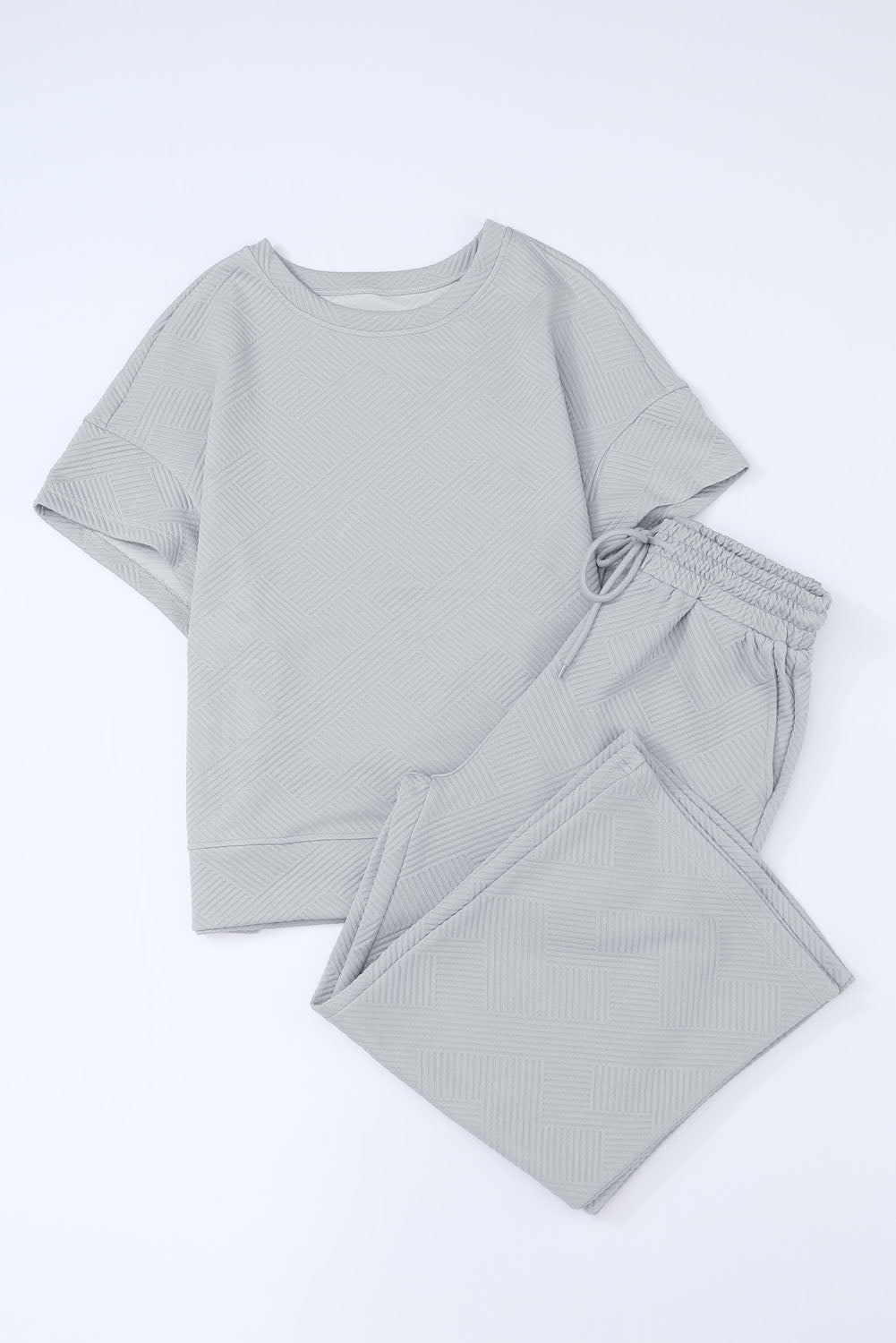 Bright White Textured Loose Fit T Shirt and Drawstring Pants Set