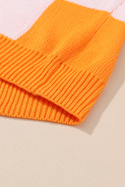 Orange & White Plaid Exposed Seam Bishop Sleeve Sweater