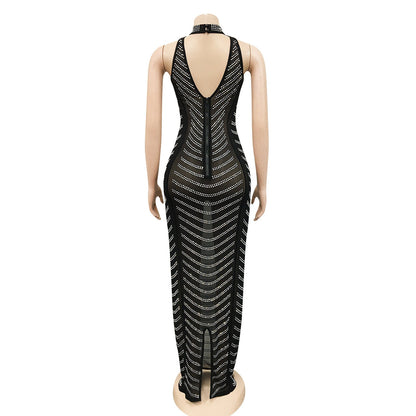 European And American Fashion Backless Nightclub Party Formal Dress Rhinestone See-through Dress For Women