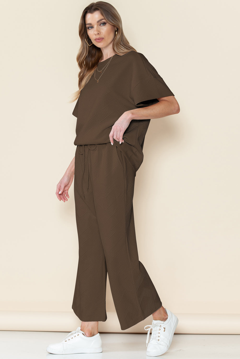 Bright White Textured Loose Fit T Shirt and Drawstring Pants Set