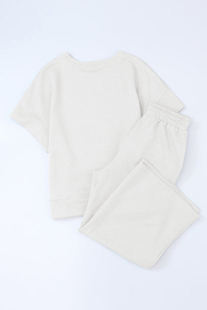 Bright White Textured Loose Fit T Shirt and Drawstring Pants Set
