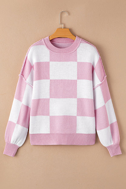 Orange & White Plaid Exposed Seam Bishop Sleeve Sweater