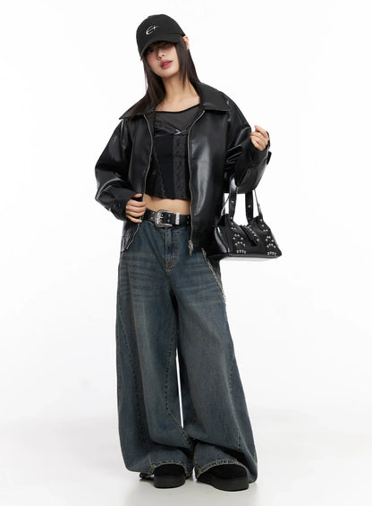 Basic Cropped Faux Leather Jacket IN507