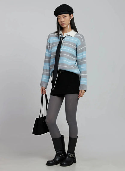 Buttoned Collar Striped Knit Sweater IM520