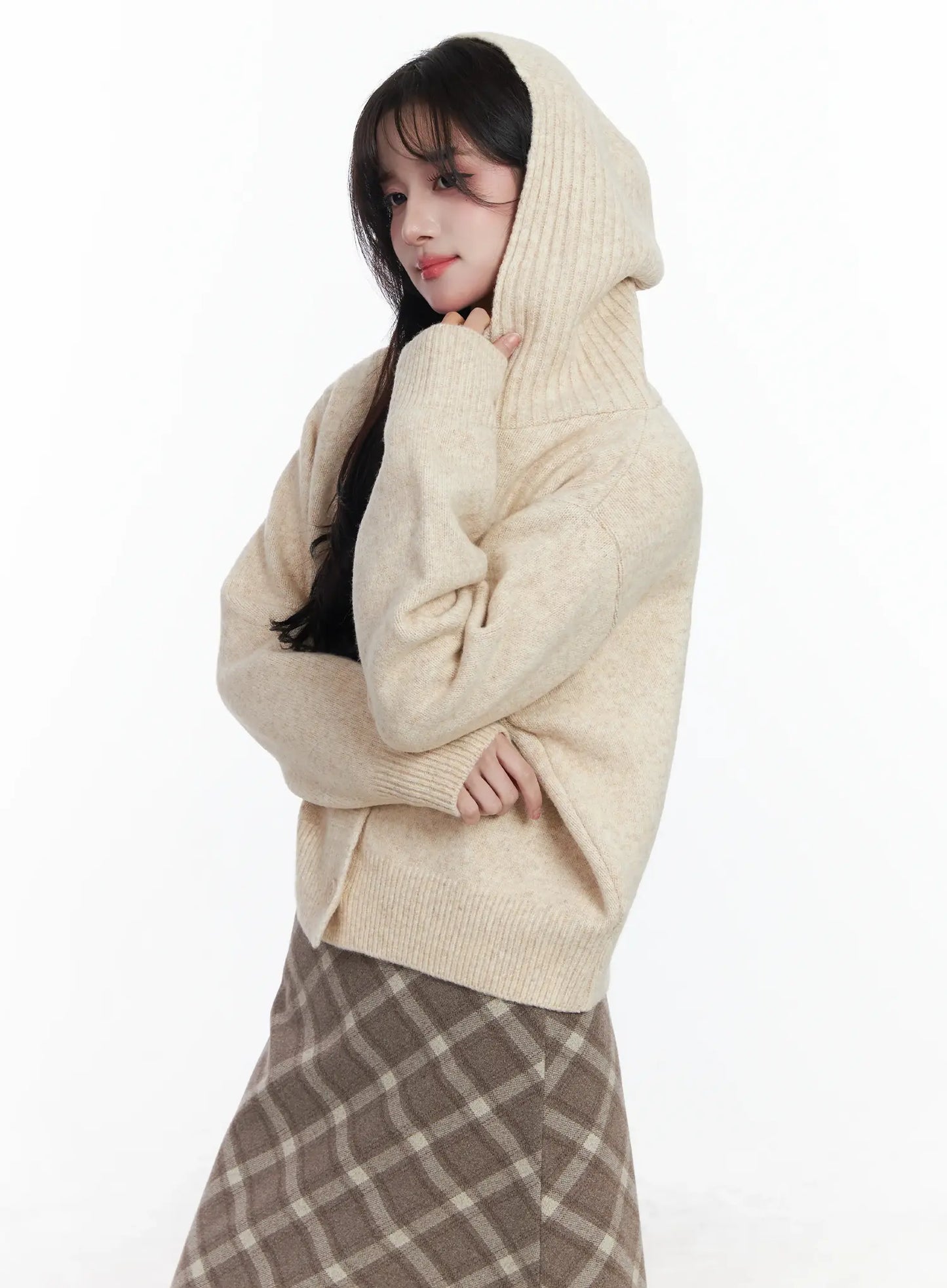 Buttoned Knit Hoodie IJ529