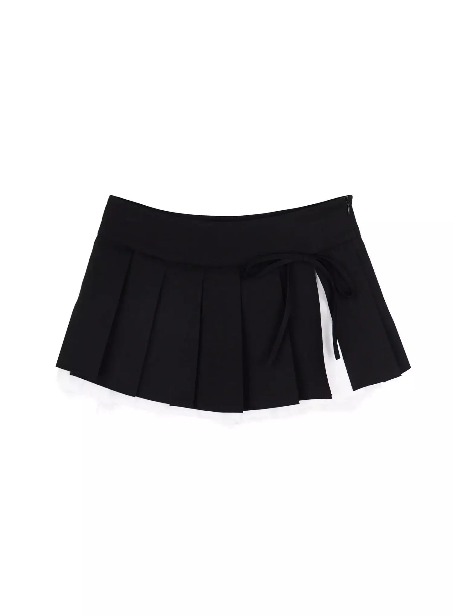 Chic Pleated Ribbon Lace Trim Mini Skirt IU518