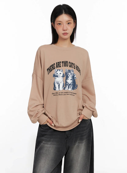 Cat Print Graphic Sweatshirt IS508