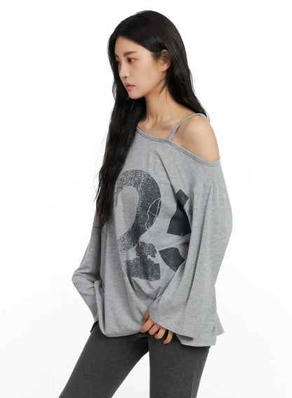 Casual Graphic Long Sleeve Off-Shoulder Top IN528