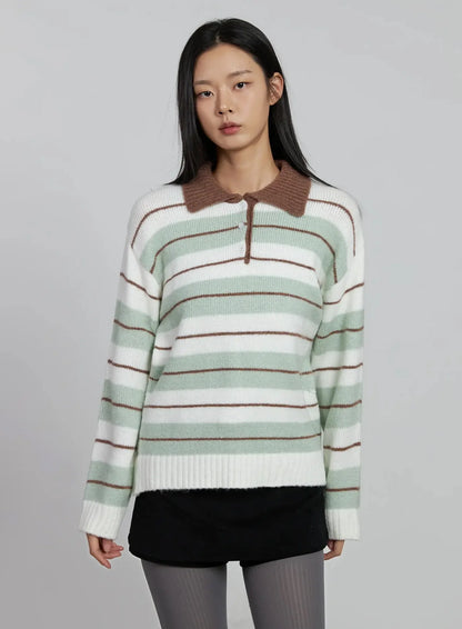 Buttoned Collar Striped Knit Sweater IM520