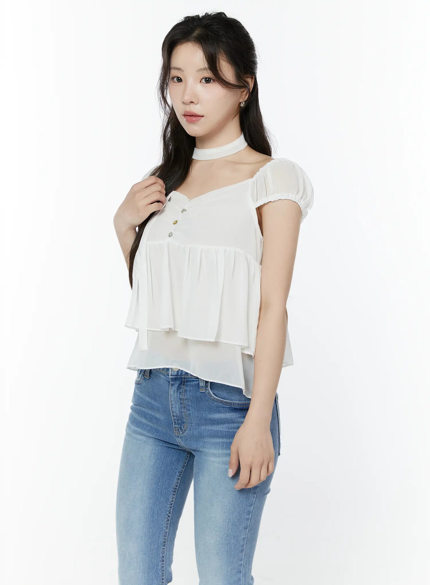Chiffon Layered Blouse And Skinny Scarf Set IY511