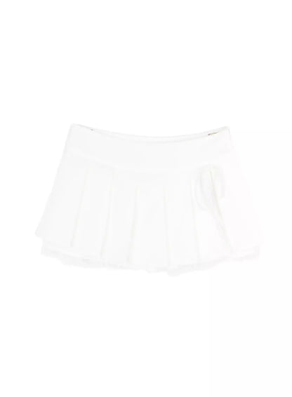 Chic Pleated Ribbon Lace Trim Mini Skirt IU518