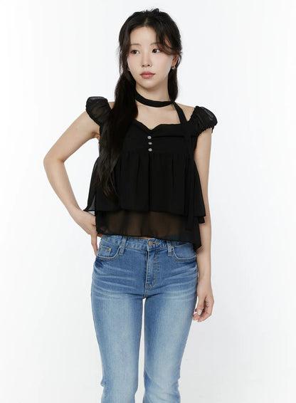 Chiffon Layered Blouse And Skinny Scarf Set IY511