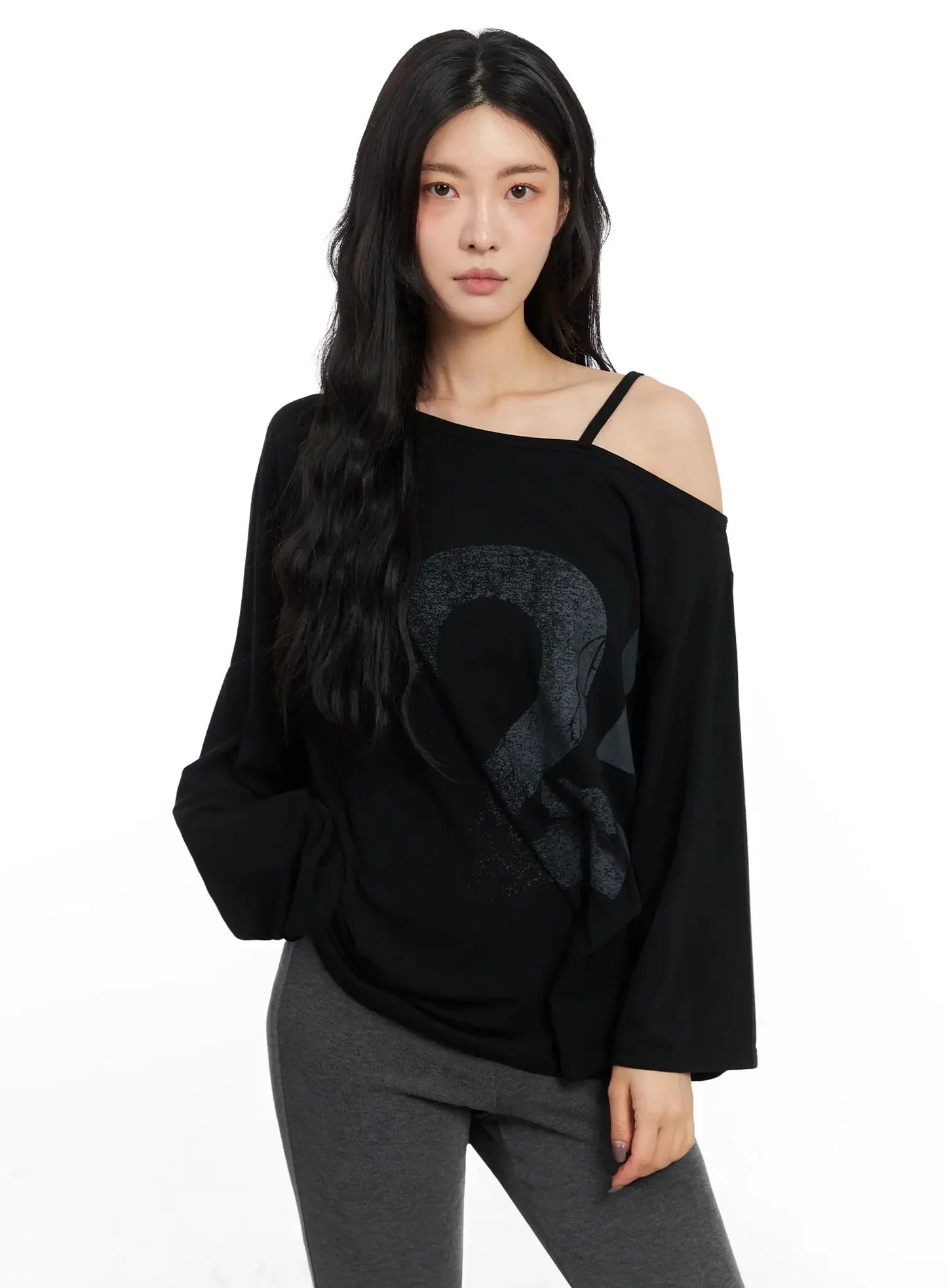Casual Graphic Long Sleeve Off-Shoulder Top IN528