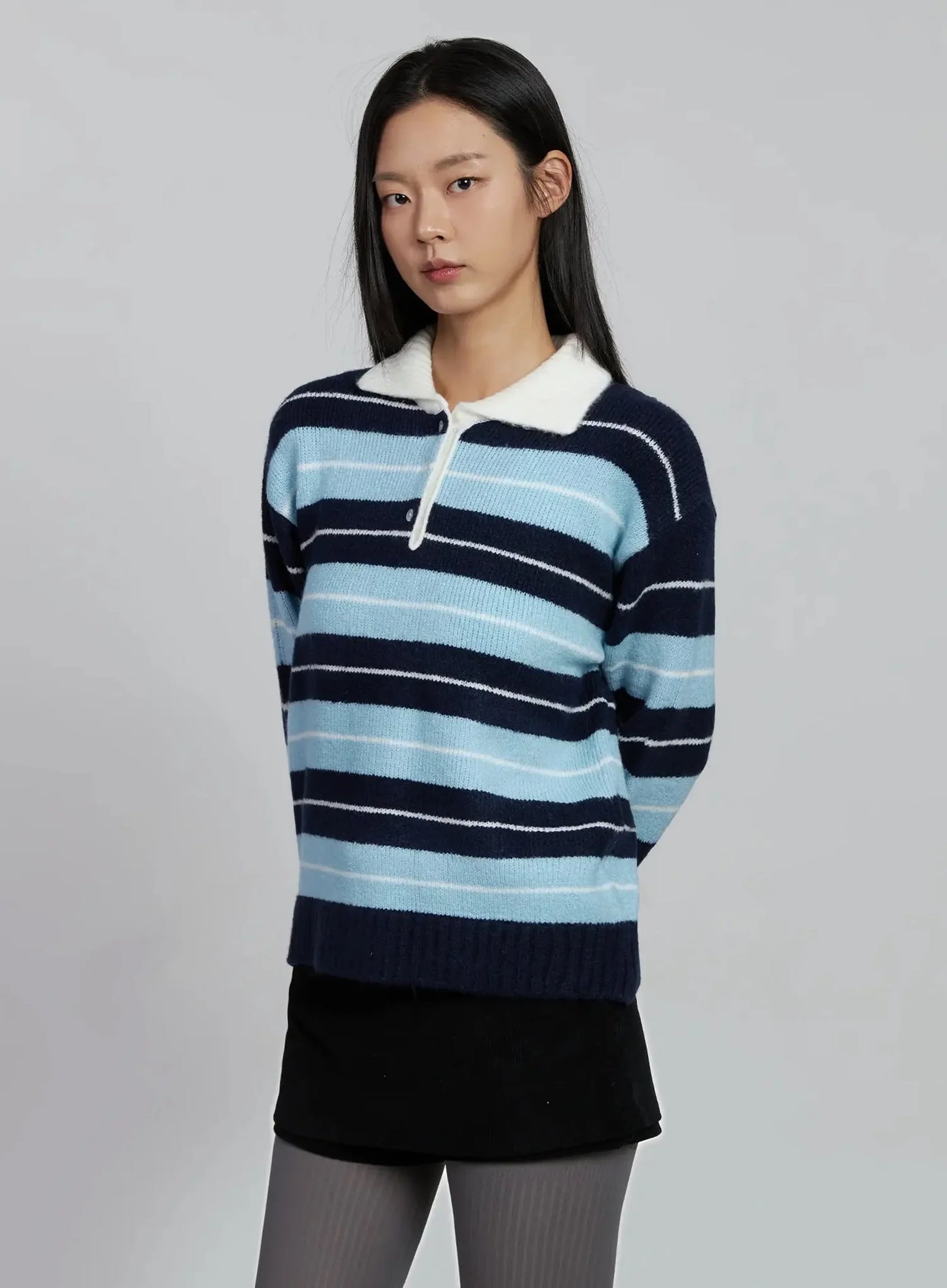 Buttoned Collar Striped Knit Sweater IM520