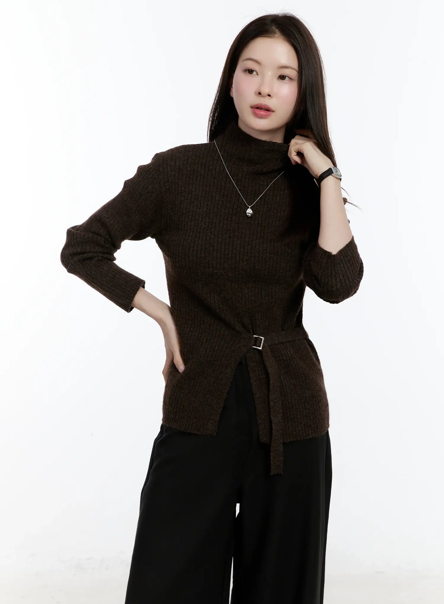 Buckle Ribbed Half Turtleneck Sweater