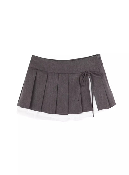 Chic Pleated Ribbon Lace Trim Mini Skirt IU518