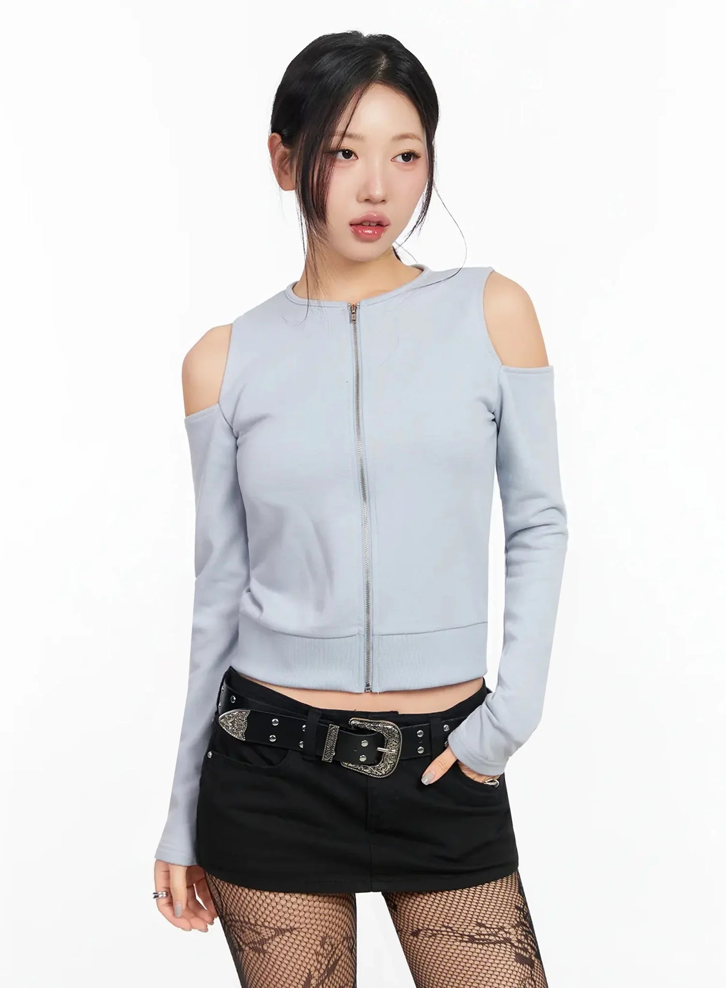 Chic Shoulder Cut-Out Zip-Up Top IA507