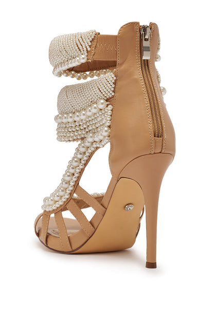AKIRA GOLD ISOLINE NUDE PEARL EMBELLISHED GLADIATOR SANDAL